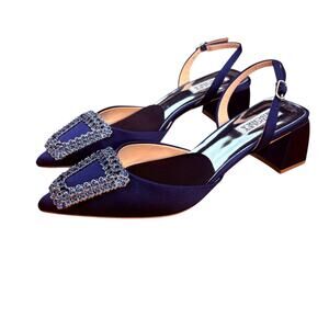 Badgley Mischka Navy Satin Pointed-Toe Slingback Heels w/ Crystal Buckle sz 8.5